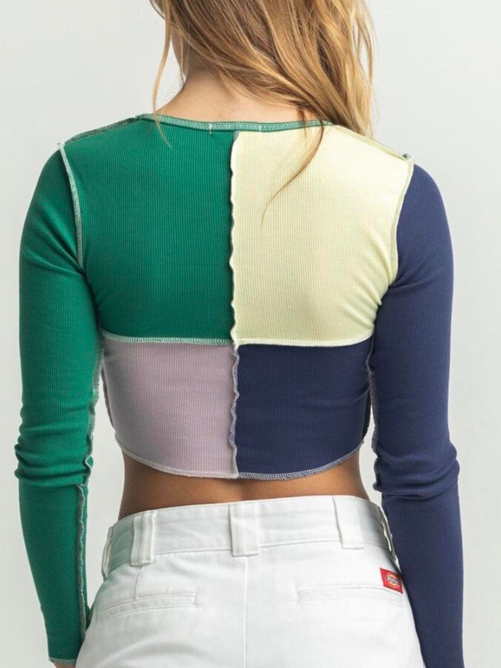 Full Tilt Patchwork Colorblock Ribbed Long Sleeve Crop Top Green‎ Blue Yellow L